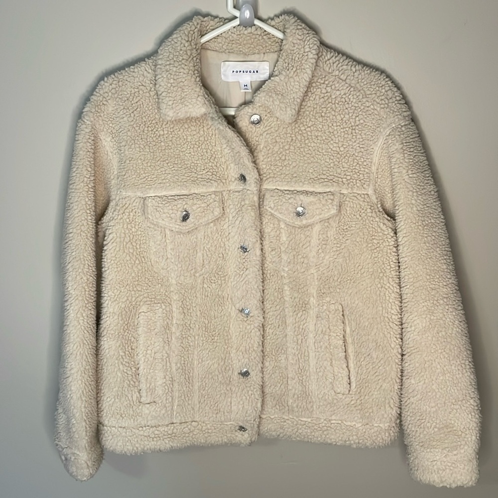 Cozy Faux Shearling Trucker Style Button Down Utility Jacket Teddy Fall Layer